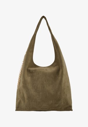 Olijfgroene faux leren shopper met een gestructureerd krokodillenpatroon en een brede, gebogen band. Heeft een gouden kettinkdetail aan de zijkant.