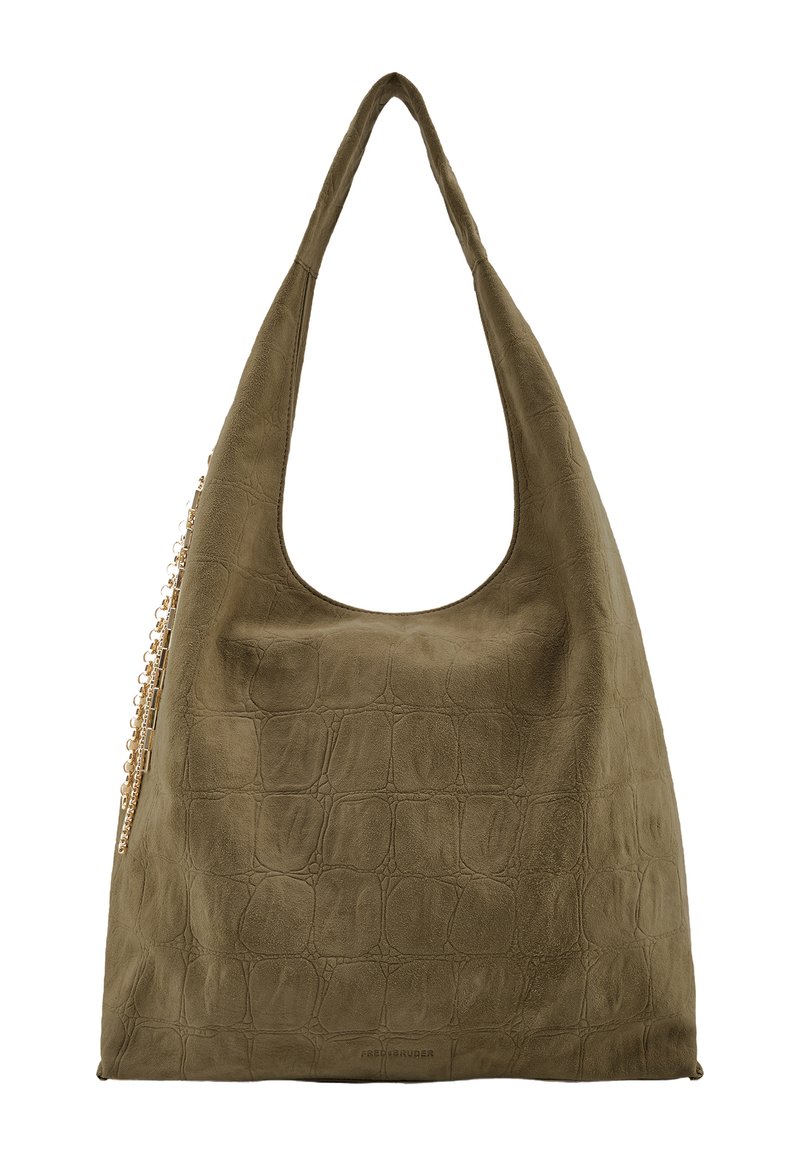 Olijfgroene faux leren shopper met een gestructureerd krokodillenpatroon en een brede, gebogen band. Heeft een gouden kettinkdetail aan de zijkant.