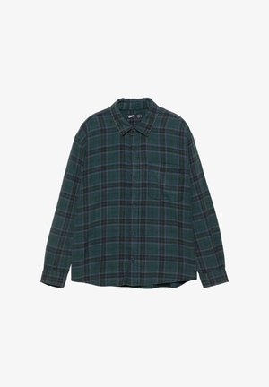 Tmavozelená a čierno-károvaná košeľa s dlhým rukávom, zapínaním na gombíky, golierom a náprsným vreckom na ľavej strane.