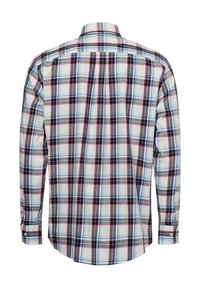 Camicia da uomo a maniche lunghe in un motivo a scacchi multicolore con blu, rosso e grigio. Realizzata in tessuto lavorato, presenta un colletto classico e polsini con bottoni.