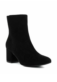 Black ankle boots made of soft suede, featuring a clean, tapered design and a block heel for stability. Smooth texture with minimal detailing.