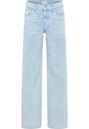 Jeans azzurri chiari a gamba larga in denim. Dotati di cinque tasche e passanti per cintura con un lavaggio sbiadito e dettagli di cucitura minimi.