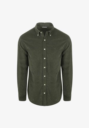 Dark green corduroy button-up shirt with a classic collar, featuring white buttons and a subtle logo on the left chest.