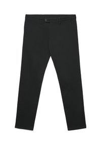 Pantaloni neri realizzati in tessuto morbido, con chiusura a bottone, due tasche laterali e un design a gamba affusolata. Senza motivi o decorazioni visibili.