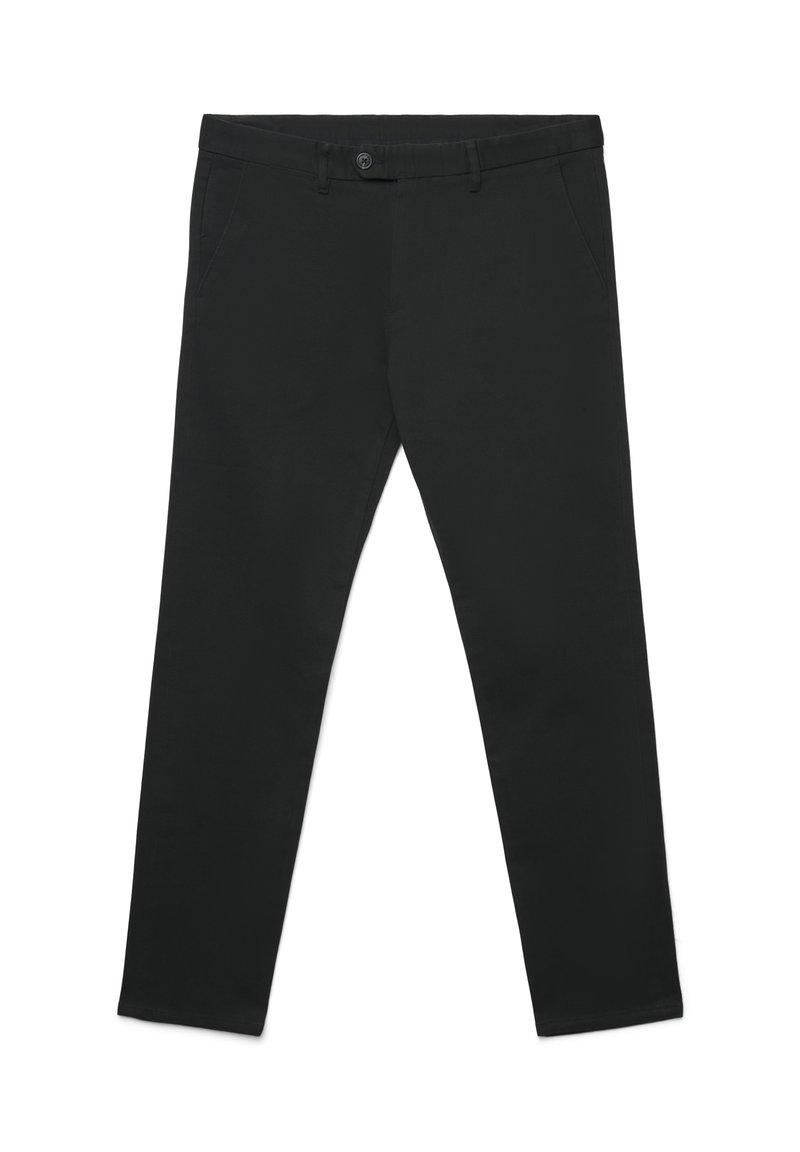 Pantaloni neri realizzati in tessuto morbido, con chiusura a bottone, due tasche laterali e un design a gamba affusolata. Senza motivi o decorazioni visibili.