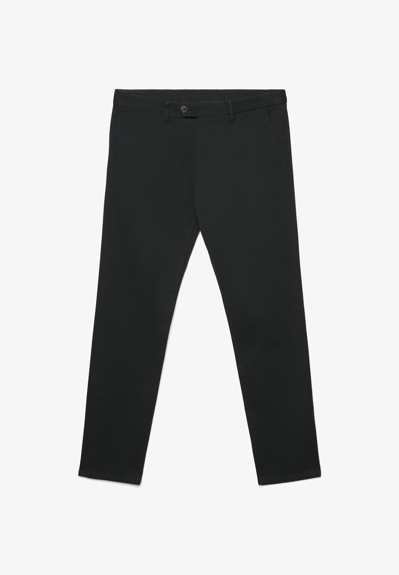Pantaloni neri realizzati in tessuto morbido, con chiusura a bottone, due tasche laterali e un design a gamba affusolata. Senza motivi o decorazioni visibili.