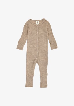 Beige geribbelde babybody met lange mouwen, drukknopen aan de voorkant en omslaande boordjes aan mouwen en benen.