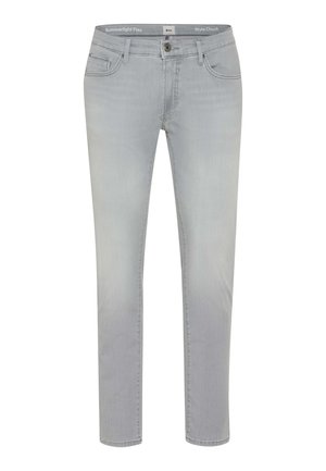 Lysegrå slim-fit jeans med fem lommer, knap- og lynlåslukning samt detaljer på det mærkede linning.