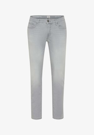 Lysegrå slim-fit jeans med fem lommer, knap- og lynlåslukning samt detaljer på det mærkede linning.