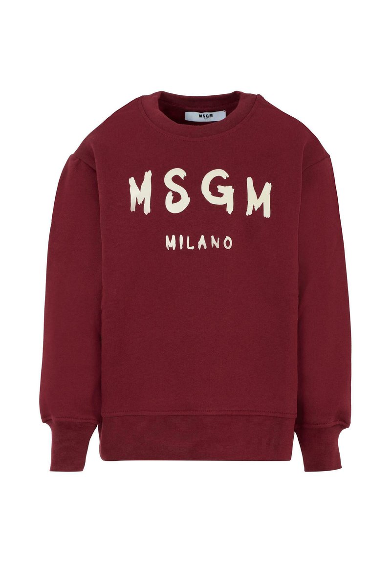 Felpa bordeaux con texture spazzolata, scollatura a girocollo e maniche lunghe. Presenta una stampa bianca audace "MSGM MILANO" sul davanti.