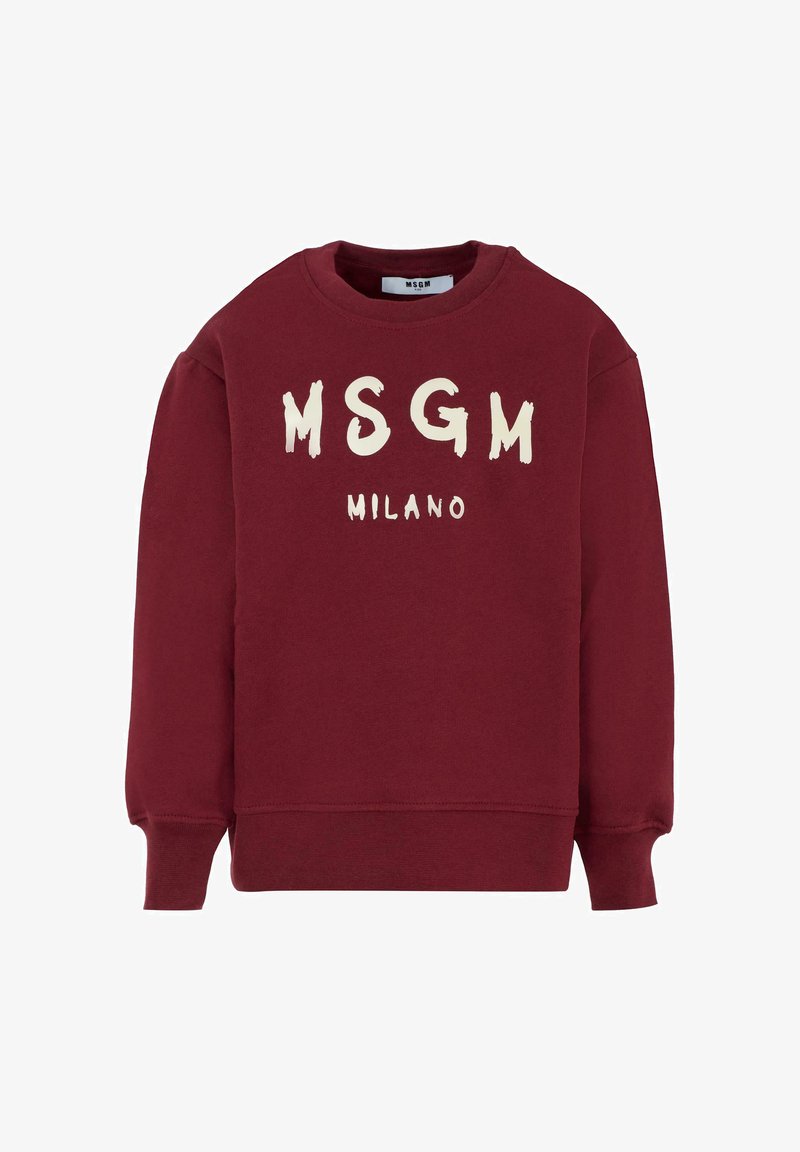 Felpa bordeaux con texture spazzolata, scollatura a girocollo e maniche lunghe. Presenta una stampa bianca audace "MSGM MILANO" sul davanti.
