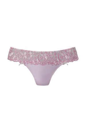 Spitzen-Bikini in Helllila, mit floraler Stickerei in Pink und Weiß am Taillenbund, mit kleinen Schleifen an den Seiten. Glatte Textur.