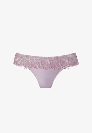Lace bikini in light purple, featuring floral embroidery in pink and white on the waistband, with small bows on the sides. Smooth texture.