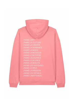 Sweat à capuche en coton de couleur rose clair avec une poche kangourou à l'avant et un texte blanc énumérant diverses phrases en français au dos.