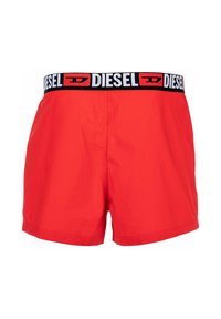 Rode zwembroek met een zwart-wit elastische tailleband met "DIESEL" branding. Gemaakt van lichtgewicht stof met een zachte textuur.