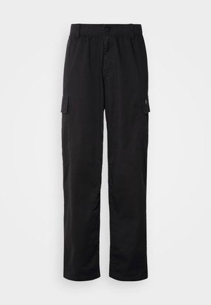 Black cargo pants with an elastic waistband, two side pockets, and a soft, lightweight fabric. Features a straight-leg cut and minimalist design.