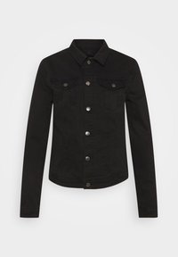 Chaqueta de mezclilla negra con cierre de botones en el frente, cuello puntiagudo, dos bolsillos en el pecho y mangas largas con un dobladillo ligeramente curvado.