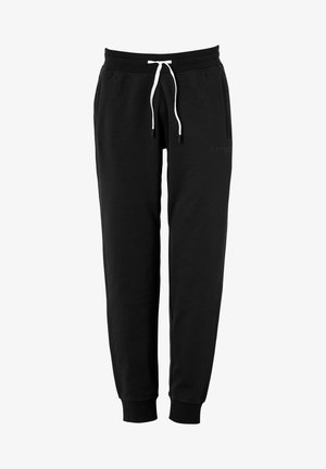 Pantalones jogger negros con cordón blanco, cintura elástica, bolsillos laterales, tobillos con puños y un logo sutil en el muslo derecho.