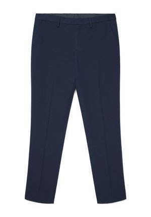Pantalon de tailleur bleu marine avec poches latérales, passants de ceinture et un pli frontal, posé à plat sur fond blanc.