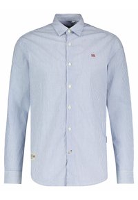 Dlouhý pruhovaný svetr modré a bílé barvy, který je vybaven límečkem se zapínáním na knoflíky, předními knoflíky a malým logem na náprsní kapse.