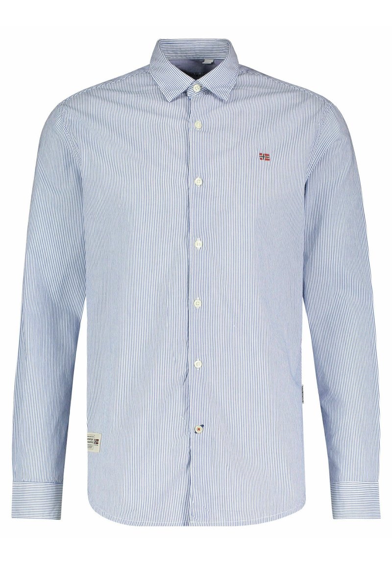 Dlouhý pruhovaný svetr modré a bílé barvy, který je vybaven límečkem se zapínáním na knoflíky, předními knoflíky a malým logem na náprsní kapse.