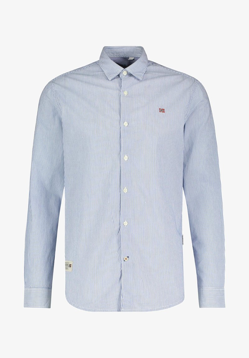 Dlouhý pruhovaný svetr modré a bílé barvy, který je vybaven límečkem se zapínáním na knoflíky, předními knoflíky a malým logem na náprsní kapse.