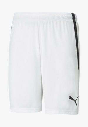 Pantaloni sportivi bianchi con una texture liscia, dotati di strisce laterali nere e di un logo nero sulla parte inferiore destra. Vita elasticizzata per il massimo comfort.
