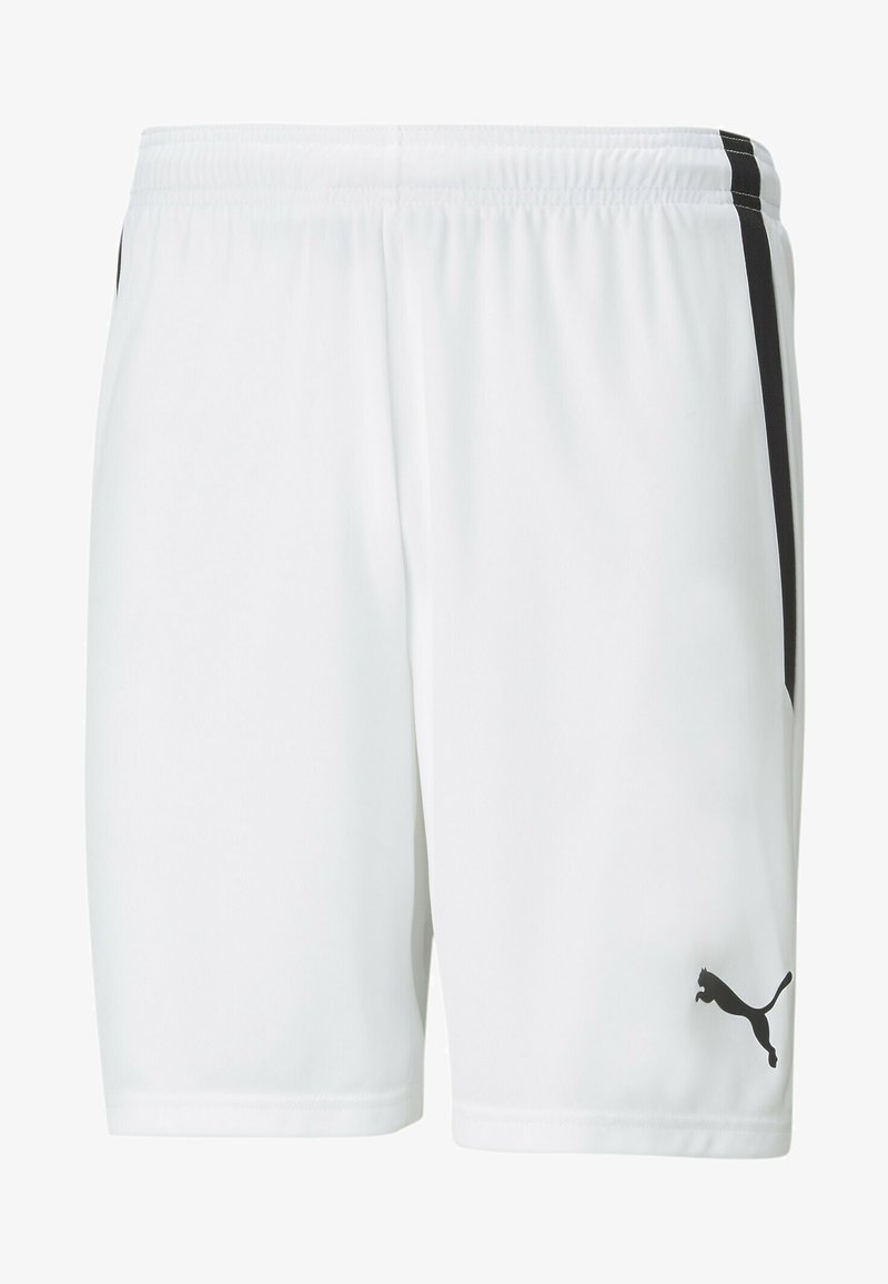 Weiße Sportshorts mit glatter Textur, ausgestattet mit schwarzen Seitenstreifen und einem schwarzen Logo auf der unteren rechten Seite. Elastischer Bund für Komfort.