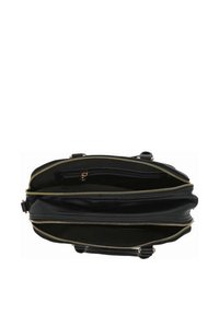 Sac à main en cuir noir au design structuré, avec des zips en métal doré, plusieurs compartiments et une texture lisse.