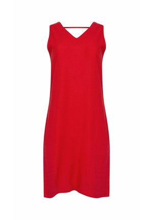 Mouwloze rode jurk tot op de knie met V-hals en een dunne horizontale band over de bovenkant van de borst.