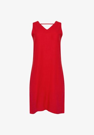 Hihaton punainen polvipituinen mekko, jossa V-pääntie ja ohut vaakasuora hihna ylärinnan poikki.