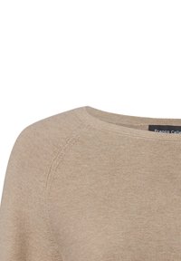 Beige gestricktes Oberteil mit rundem Ausschnitt, das aus einem strukturierten Stoff gefertigt ist und Raglanärmel mit feinen Nahtdetails aufweist.