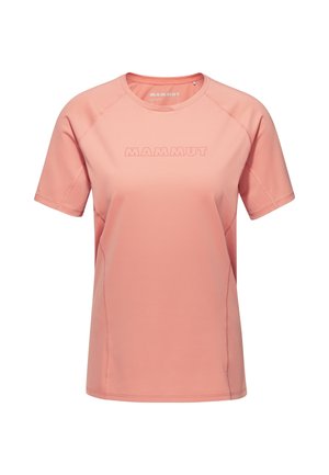 T-shirt à manches courtes rose clair en tissu lisse, avec un col rond et le logo en relief "MAMMUT" sur le devant.