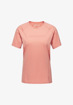 Maglietta a maniche corte di colore rosa chiaro realizzata in tessuto liscio, con scollatura a girocollo e logo in rilievo "MAMMUT" sul fronte.