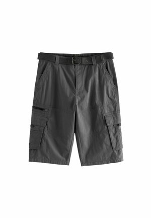 Pilkos spalvos cargo šortai su diržu, turintys kelis kišenius, lygaus tekstūros ir laisvo kirpimo. Pagaminti iš lengvos medžiagos.