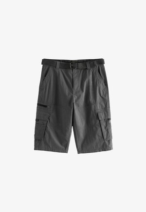 Grå cargoshorts med bälte, med flera fickor, en mjuk textur och en lös passform. Tillverkad av lätt material.