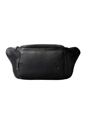 Black leather belt bag with front zip pocket and embossed "cK" logo on the lower right corner.