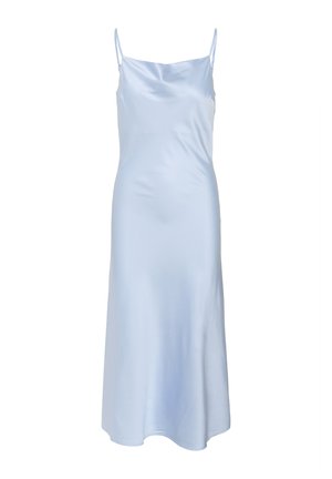 Light blue satin slip dress with thin straps, smooth texture, and a slightly flared hem. Simple design with no visible patterns or accents.