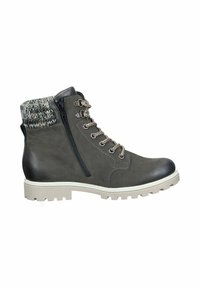 Stivale alla caviglia in pelle grigia con risvolto a maglia texturizzata, suola chunky beige, zip laterale e ganci metallici per i lacci. Presenta una punta rotonda.