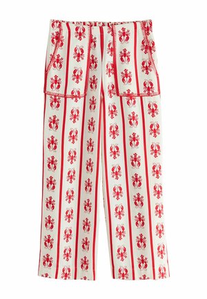 Red and white striped wide-leg pants, featuring a lobster print and two front patch pockets, made of lightweight fabric with a smooth texture.