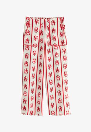 Červenobiele široké nohavice s pruhmi, s potlačou homára a dvoma prednými našitými vreckami, vyrobené z ľahkého materiálu s hladkou textúrou.