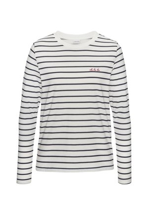 Langärmliges Shirt in Weiß mit marineblauen Streifen, mit einem runden Halsausschnitt und rotem, gesticktem Text "oh la la" auf der linken Seite. Aus weichem Baumwollmaterial.