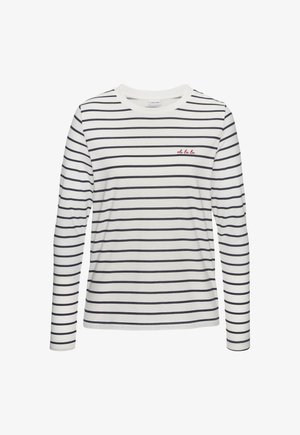 Langärmliges Shirt in Weiß mit marineblauen Streifen, mit einem runden Halsausschnitt und rotem, gesticktem Text "oh la la" auf der linken Seite. Aus weichem Baumwollmaterial.