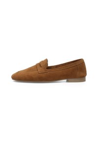Brown suede loafers with a pointed toe design, featuring a stitched top and a low, flat heel. Smooth texture with minimal accents.
