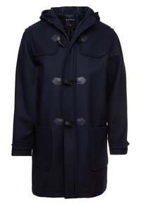 Cappotto duffle blu marina in lana con cappuccio, chiusura a bottoni, due tasche frontali e dettagli in pelle a contrasto.