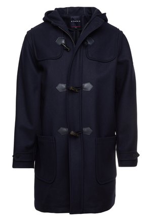 Cappotto duffle blu marina in lana con cappuccio, chiusura a bottoni, due tasche frontali e dettagli in pelle a contrasto.