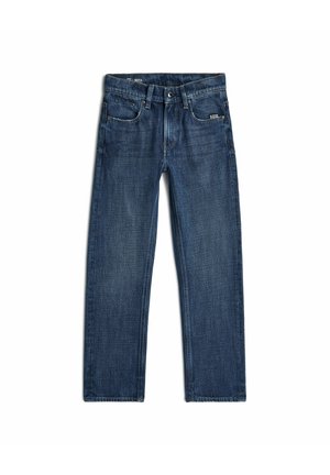Jean en denim bleu à jambes droites avec cinq poches et passants pour ceinture, présenté à plat sur fond blanc.