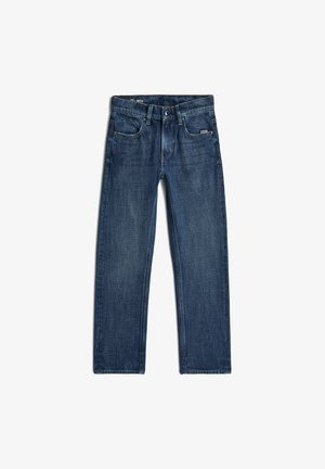 Jean en denim bleu à jambes droites avec cinq poches et passants pour ceinture, présenté à plat sur fond blanc.