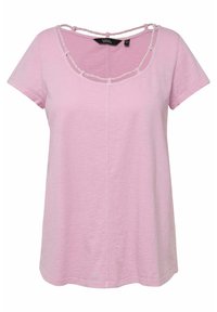 T-shirt rosa a maniche corte realizzato in morbido tessuto. Presenta un colletto a girocollo con spalline incrociate sul retro e una vestibilità comoda.