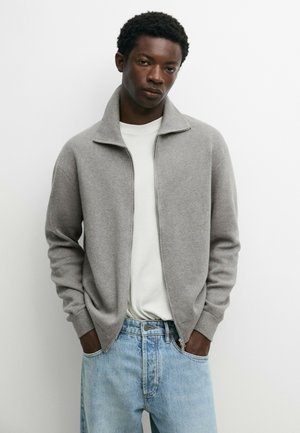 Ung mand iført en grå lynlåstrøje over en hvid skjorte og lyseblå jeans med hænderne i lommerne mod en ensartet hvid baggrund.